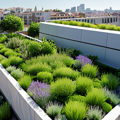 Home 15 An elevated perspective showcasing a vibrant, lush green rooftop garden on a modern urban building within a bright Mediterranean cityscape. The expansive roof is densely planted with a rich variety of native, drought-resistant flora including sedums, aromatic herbs like lavender and rosemary, and hardy grasses, creating a refreshing, cool oasis. Sunlight gently illuminates the scene, highlighting the natural cooling effect and the diverse textures of the vegetation. Surrounding buildings feature a blend of contemporary and traditional architectural styles, emphasizing urban renewal and sustainability. Safe for work, appropriate content, fully clothed, professional, high quality, realistic rendering, architectural visualization, perfect anatomy, correct proportions, natural composition.