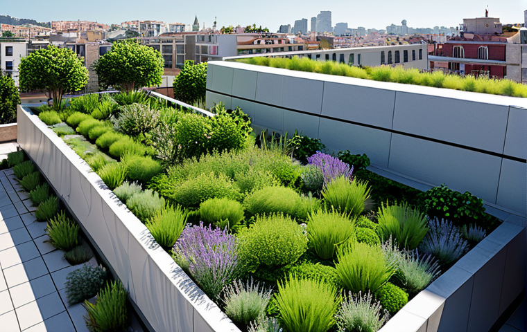 An elevated perspective showcasing a vibrant, lush green rooftop garden on a modern urban building within a bright Mediterranean cityscape. The expansive roof is densely planted with a rich variety of native, drought-resistant flora including sedums, aromatic herbs like lavender and rosemary, and hardy grasses, creating a refreshing, cool oasis. Sunlight gently illuminates the scene, highlighting the natural cooling effect and the diverse textures of the vegetation. Surrounding buildings feature a blend of contemporary and traditional architectural styles, emphasizing urban renewal and sustainability. Safe for work, appropriate content, fully clothed, professional, high quality, realistic rendering, architectural visualization, perfect anatomy, correct proportions, natural composition.