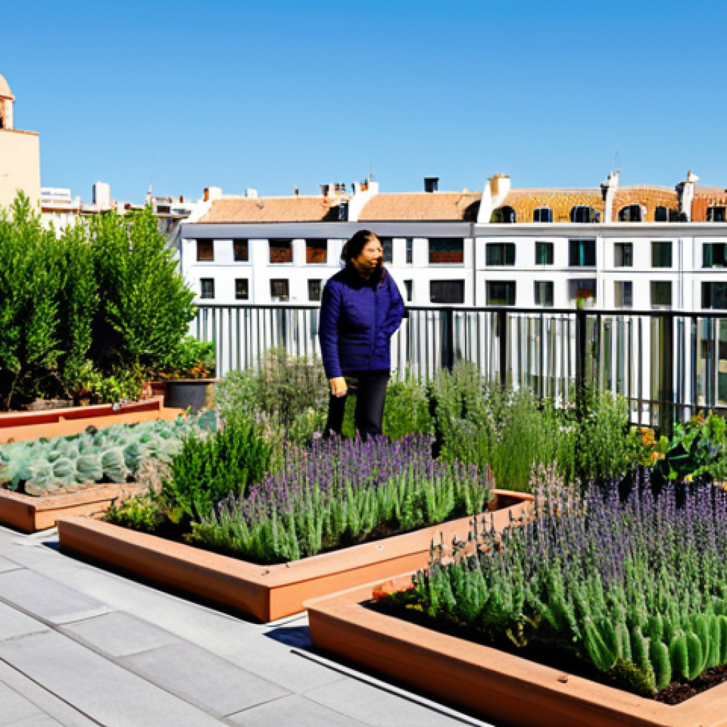 A serene and vibrant rooftop garden on a sunny building in a Spanish city. The garden is lush with a diverse array of native plants like lavender and rosemary, various succulents, and potted aromatic herbs thriving in terracotta pots and wooden raised beds. A person in professional, modest attire is gently tending to a plant, fully clothed, appropriate attire. The city's traditional architecture and a clear blue sky are visible in the background. The scene emphasizes ecological biodiversity, attracting pollinators, and providing a peaceful urban oasis. Professional photography, high detail, realistic lighting, natural colors, perfect anatomy, correct proportions, natural pose, well-formed hands, proper finger count, natural body proportions. safe for work, appropriate content, fully clothed, family-friendly.