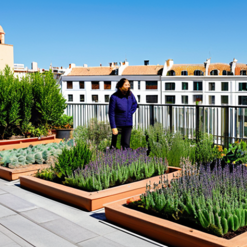 Home 7 A serene and vibrant rooftop garden on a sunny building in a Spanish city. The garden is lush with a diverse array of native plants like lavender and rosemary, various succulents, and potted aromatic herbs thriving in terracotta pots and wooden raised beds. A person in professional, modest attire is gently tending to a plant, fully clothed, appropriate attire. The city's traditional architecture and a clear blue sky are visible in the background. The scene emphasizes ecological biodiversity, attracting pollinators, and providing a peaceful urban oasis. Professional photography, high detail, realistic lighting, natural colors, perfect anatomy, correct proportions, natural pose, well-formed hands, proper finger count, natural body proportions. safe for work, appropriate content, fully clothed, family-friendly.