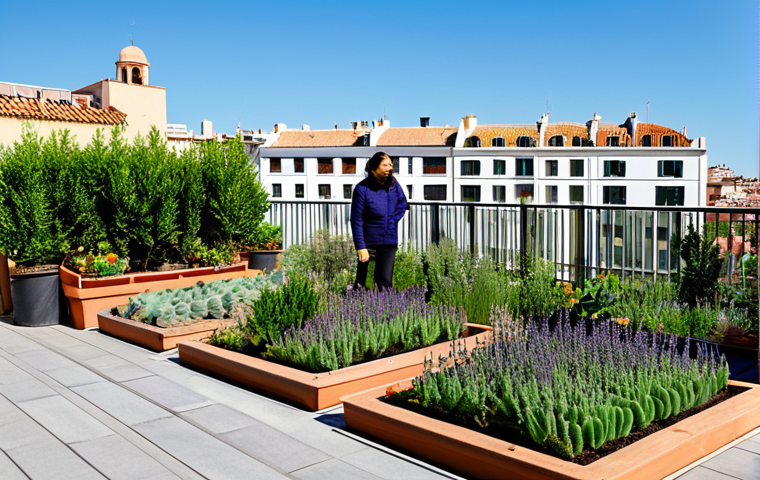 A serene and vibrant rooftop garden on a sunny building in a Spanish city. The garden is lush with a diverse array of native plants like lavender and rosemary, various succulents, and potted aromatic herbs thriving in terracotta pots and wooden raised beds. A person in professional, modest attire is gently tending to a plant, fully clothed, appropriate attire. The city's traditional architecture and a clear blue sky are visible in the background. The scene emphasizes ecological biodiversity, attracting pollinators, and providing a peaceful urban oasis. Professional photography, high detail, realistic lighting, natural colors, perfect anatomy, correct proportions, natural pose, well-formed hands, proper finger count, natural body proportions. safe for work, appropriate content, fully clothed, family-friendly.