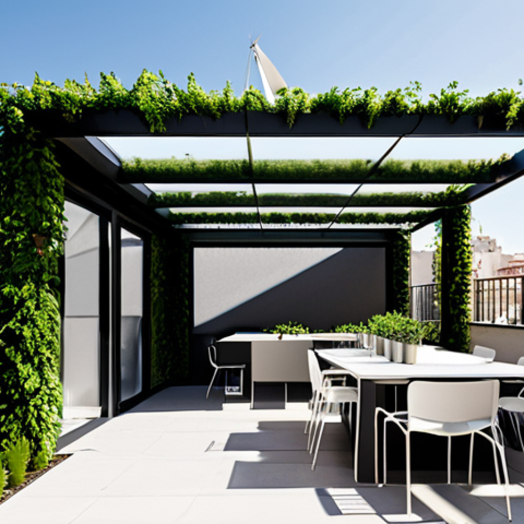 **
A rooftop garden in Madrid featuring integrated solar panels forming a shaded pergola, fully clothed people enjoying the space, vertical gardens with thriving plants, and a small wind turbine subtly incorporated into the design, appropriate content, perfect anatomy, natural proportions, family-friendly, professional architectural photography, safe for work, modest.
**