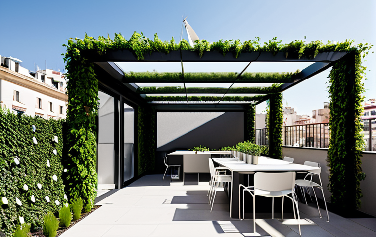 **
A rooftop garden in Madrid featuring integrated solar panels forming a shaded pergola, fully clothed people enjoying the space, vertical gardens with thriving plants, and a small wind turbine subtly incorporated into the design, appropriate content, perfect anatomy, natural proportions, family-friendly, professional architectural photography, safe for work, modest.
**