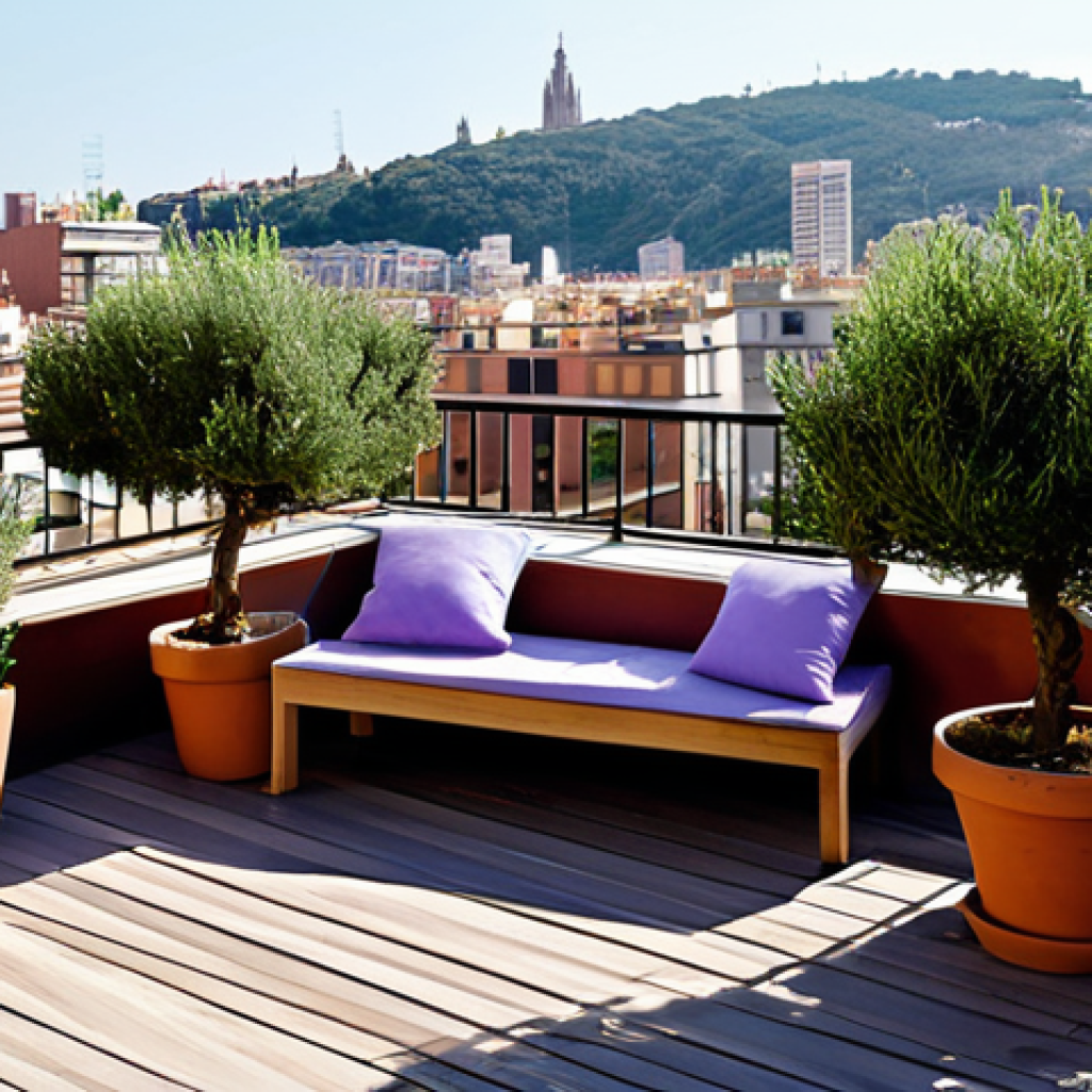 Mediterranean Rooftop Garden**
"A serene Mediterranean-style rooftop garden in Barcelona. Lush lavender, rosemary, and miniature olive trees in terracotta pots. Comfortable wooden furniture with cushions. City view in the background. Sunlight. Fully clothed people are relaxing and enjoying the view. Safe for work, appropriate content, professional photography, perfect anatomy, natural proportions, fully clothed, modest."
**