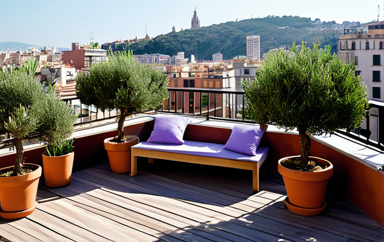 Mediterranean Rooftop Garden**
"A serene Mediterranean-style rooftop garden in Barcelona. Lush lavender, rosemary, and miniature olive trees in terracotta pots. Comfortable wooden furniture with cushions. City view in the background. Sunlight. Fully clothed people are relaxing and enjoying the view. Safe for work, appropriate content, professional photography, perfect anatomy, natural proportions, fully clothed, modest."
**
