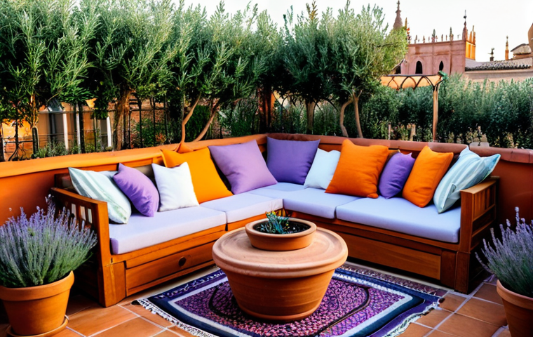 옥상 정원 조경 디자인 트렌드 - Mediterranean Rooftop Garden**
"A vibrant rooftop garden in Seville, Spain. Terra cotta pots overf...