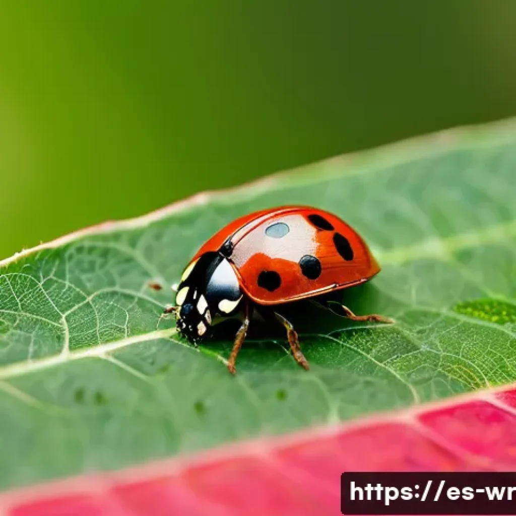 옥상 정원에서의 생물학적 방제 방법 - **Prompt:** A close-up shot of a vibrant, healthy green plant leaf. On the leaf, a bright red ladybu...