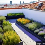 옥상 정원 설계의 윤리적 고려 사항 - A vibrant rooftop garden in Madrid featuring native plants like lavender and rosemary attracting bee...