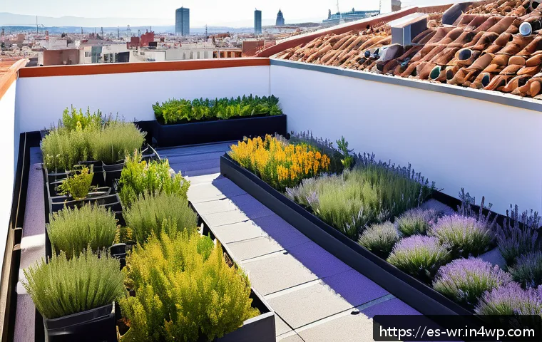 옥상 정원 설계의 윤리적 고려 사항 - A vibrant rooftop garden in Madrid featuring native plants like lavender and rosemary attracting bee...