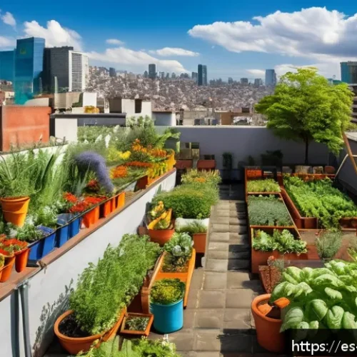 옥상 정원과 환경 보호의 관계 - A vibrant rooftop garden in Mexico City on a sunny day, featuring a variety of native plants, colorf...