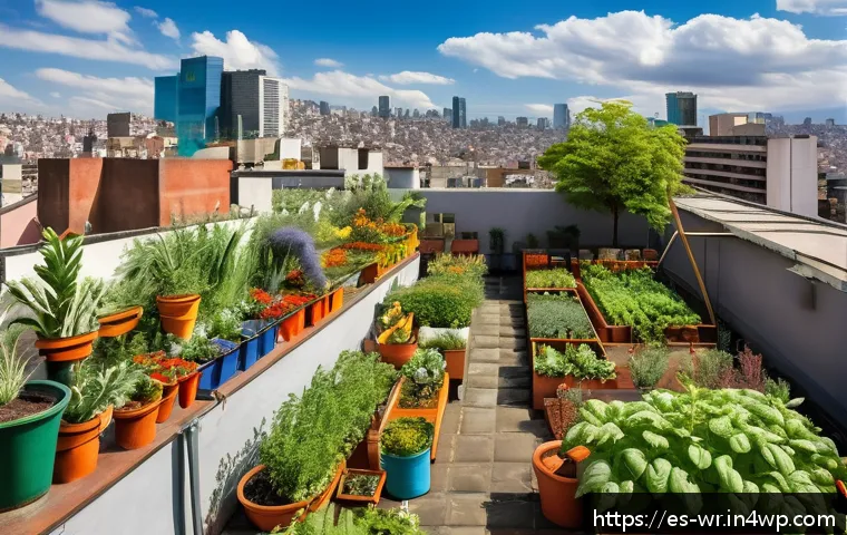옥상 정원과 환경 보호의 관계 - A vibrant rooftop garden in Mexico City on a sunny day, featuring a variety of native plants, colorf...