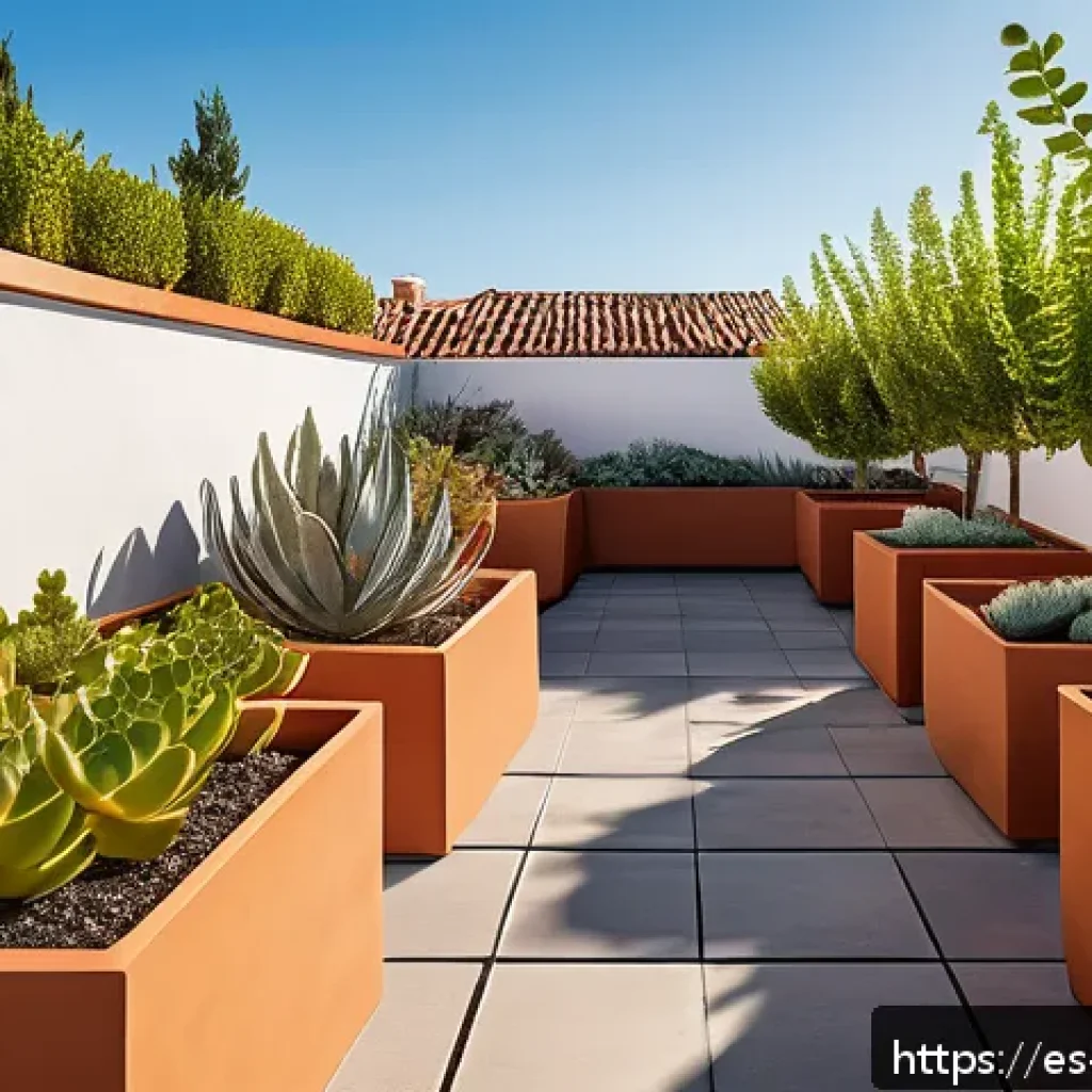 옥상 정원에서 사용할 수 있는 자동 관수 시스템 - A modern rooftop garden in a vibrant urban Spanish city, featuring diverse plants including succulen...