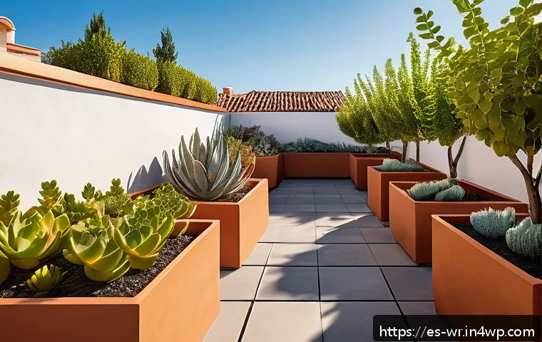 옥상 정원에서 사용할 수 있는 자동 관수 시스템 - A modern rooftop garden in a vibrant urban Spanish city, featuring diverse plants including succulen...