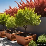 옥상 정원에서의 수목 관리 방법 - A rooftop garden scene in a sunny urban setting during late spring, featuring medium-sized potted tr...