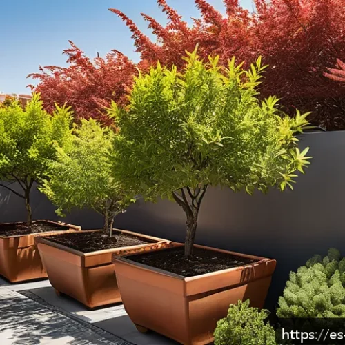옥상 정원에서의 수목 관리 방법 - A rooftop garden scene in a sunny urban setting during late spring, featuring medium-sized potted tr...