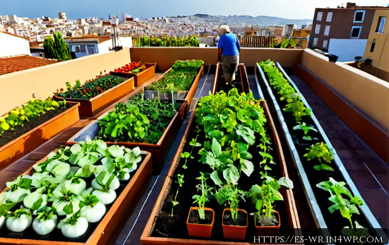 옥상 정원 조성을 위한 커뮤니티 가이드 - Photorealistic rooftop community garden in a Spanish-speaking city, diverse neighbors including olde...