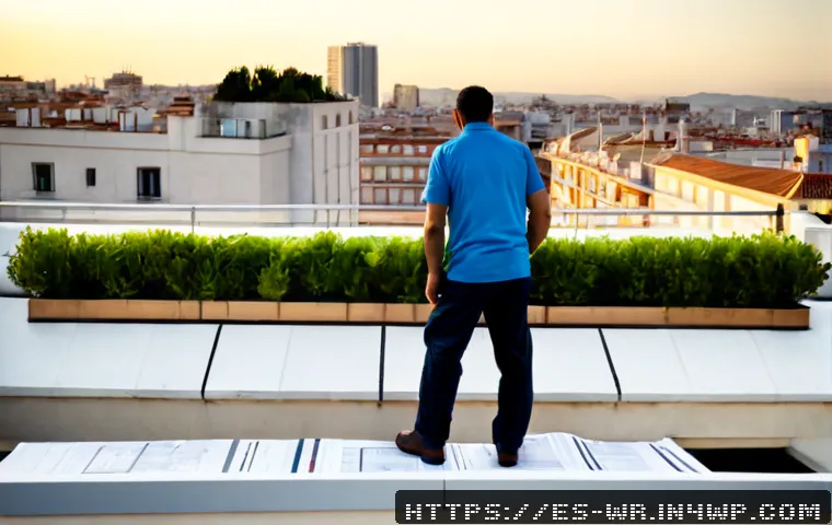 Home 17 옥상 정원 조성 시 고려해야 할 법적 측면 - Photorealistic rooftop garden inspection on a modern apartment building in Madrid, a landscape archi...