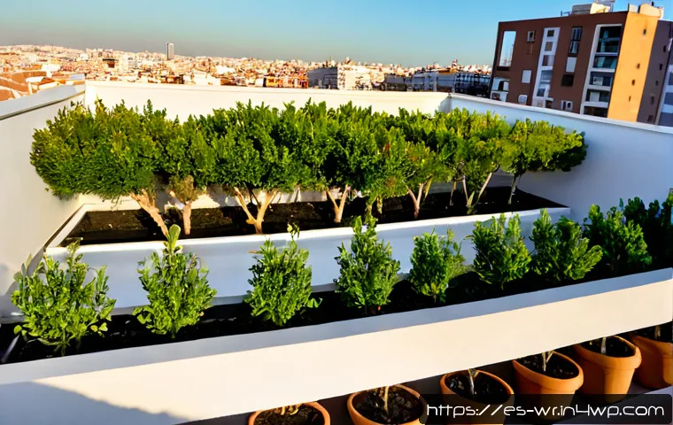 옥상 정원 조성과 관련된 성공 사례 - Photorealistic successful rooftop garden on a modern apartment building in Madrid, Spain, thriving r...